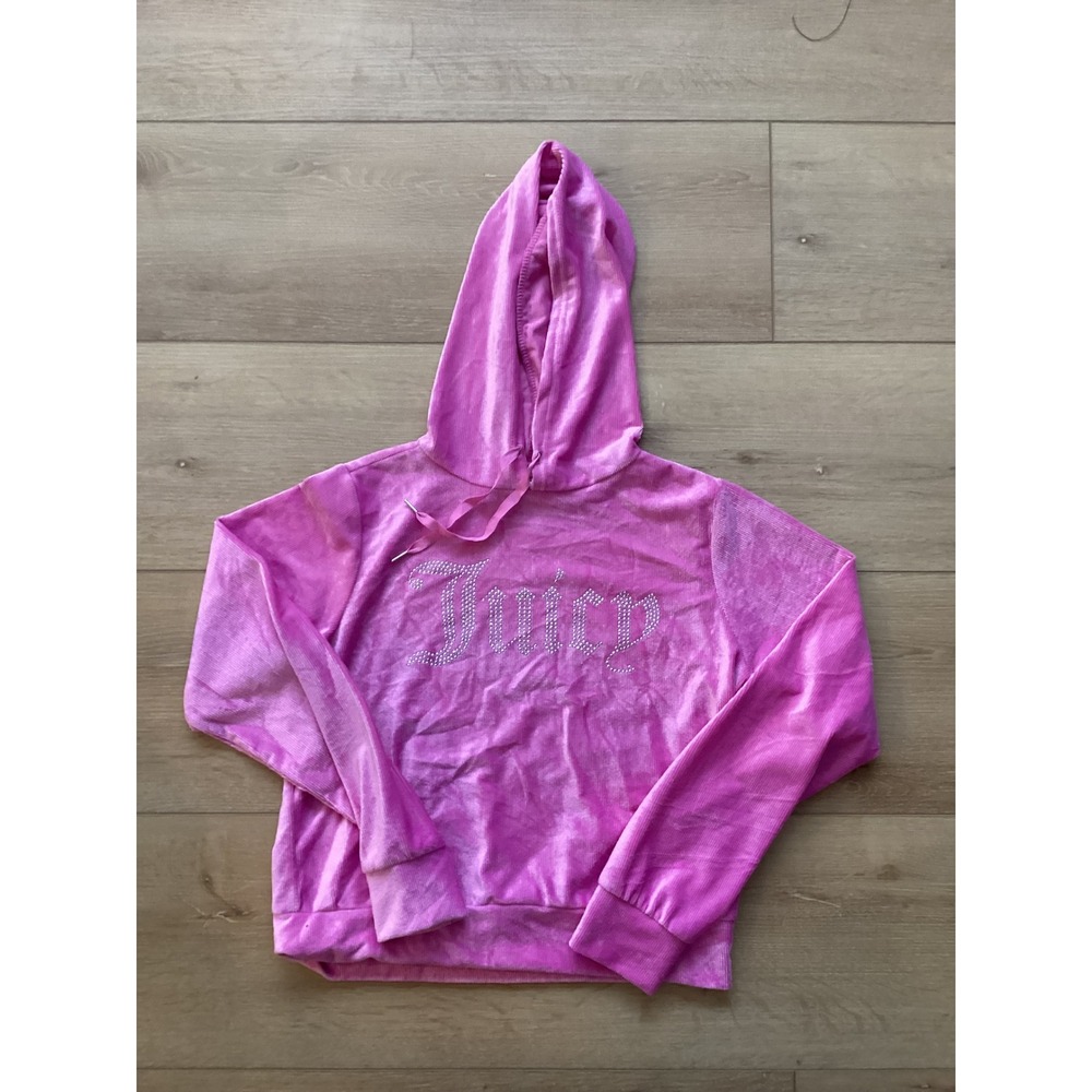 Juicy Couture Pink Velour Rhinestone Logo Hoodie Pullover Y2K Style size Small‎